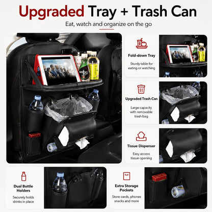 One-Piece Seatback Car Organizer with Fold-Down Tray, Cup Recesses, Mesh Pockets and Four Colors