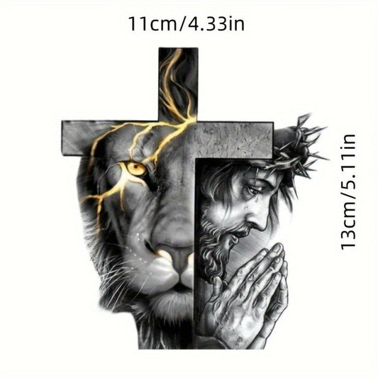 Two-Piece Lion-and-Cross Decal Set with Black-and-Gold Portrait Artwork for Vehicle or Flat Surfaces