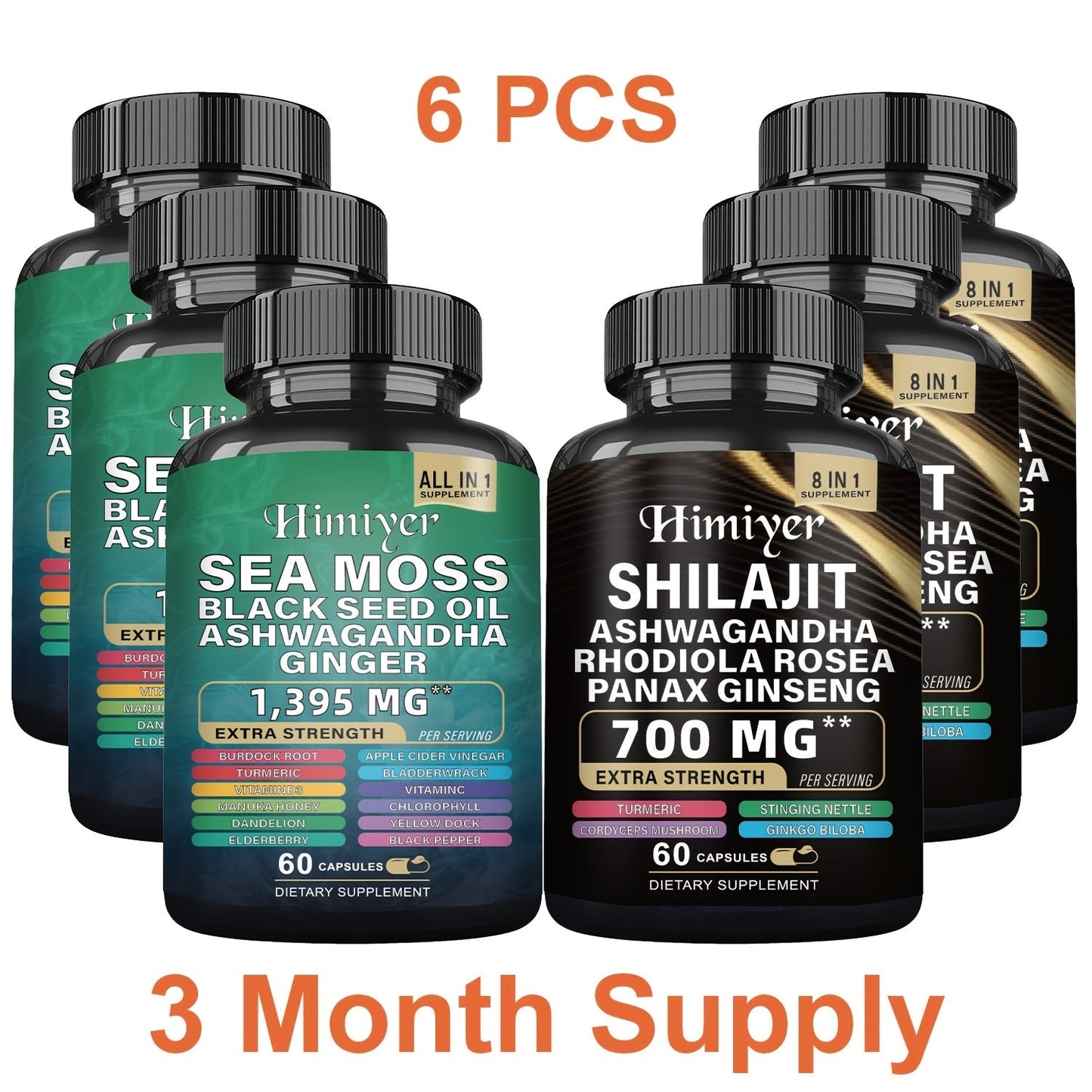 Sea Moss Shilajit Bundle 6-Pack 3-Month Supply with Black Seed Oil Ashwagandha Rhodiola for Bath Time, Home Spa and Personal Care