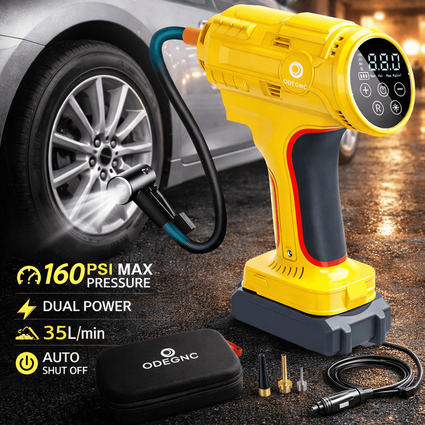 Portable Air Pump Inflator 160PSI – Auto Shut-Off, 35L/min, Dual Power (Battery/12V Car), Digital Gauge, 3-Mode LED Light for Car Tires