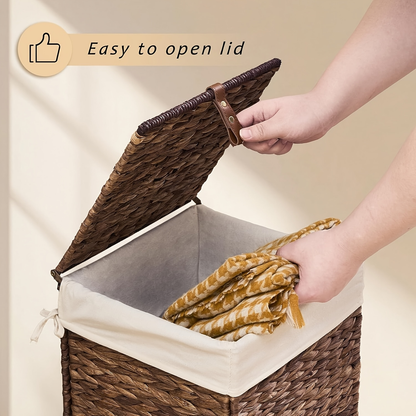 Laundry Basket with Lid & Handles – Handwoven Water Hyacinth Wicker Hamper, Removable Cotton Liner
