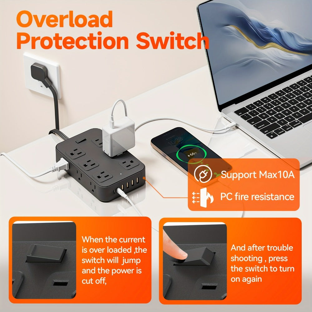 Wide Outlet Surge Protector Power Strip 18-in-1 with 12 Widely Spaced AC Outlets 4 USB-A 2 USB-C Ports Safe Portable Desktop Charging
