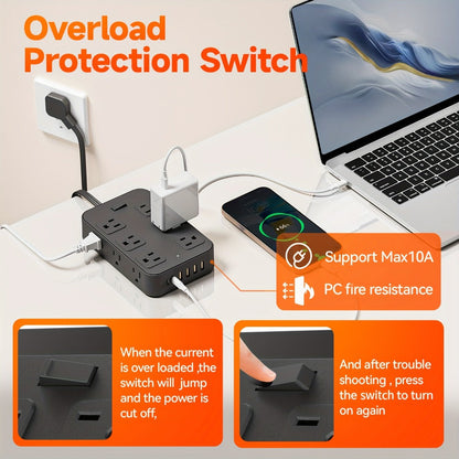 Wide Outlet Surge Protector Power Strip 18-in-1 with 12 Widely Spaced AC Outlets 4 USB-A 2 USB-C Ports Safe Portable Desktop Charging