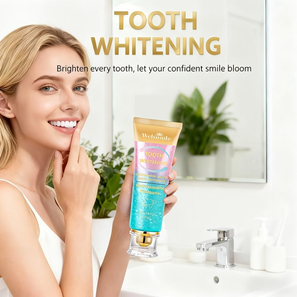 100g Mint Peach Toothpaste Tube with Niacinamide and Hydroxyapatite Highlighted on Box and Label