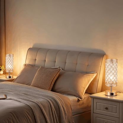 Crystal Cylinder Bedside Table Lamp with Dual USB Ports in Three Finishes and One- or Two-Pack Options