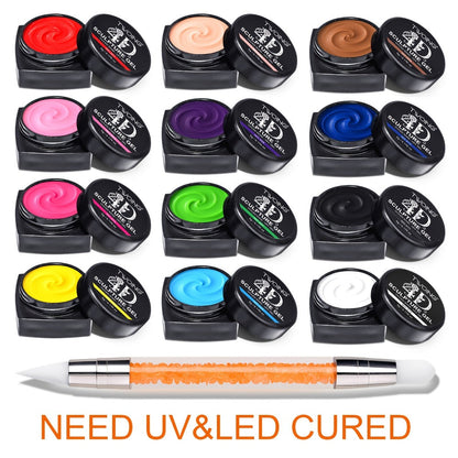 Nail Sculpting Gel Kit 3D 4D 12 Colors with Carving Pen – Firm Non-Sticky Soak-Off Sculpture Gel for Flowers, Leaves