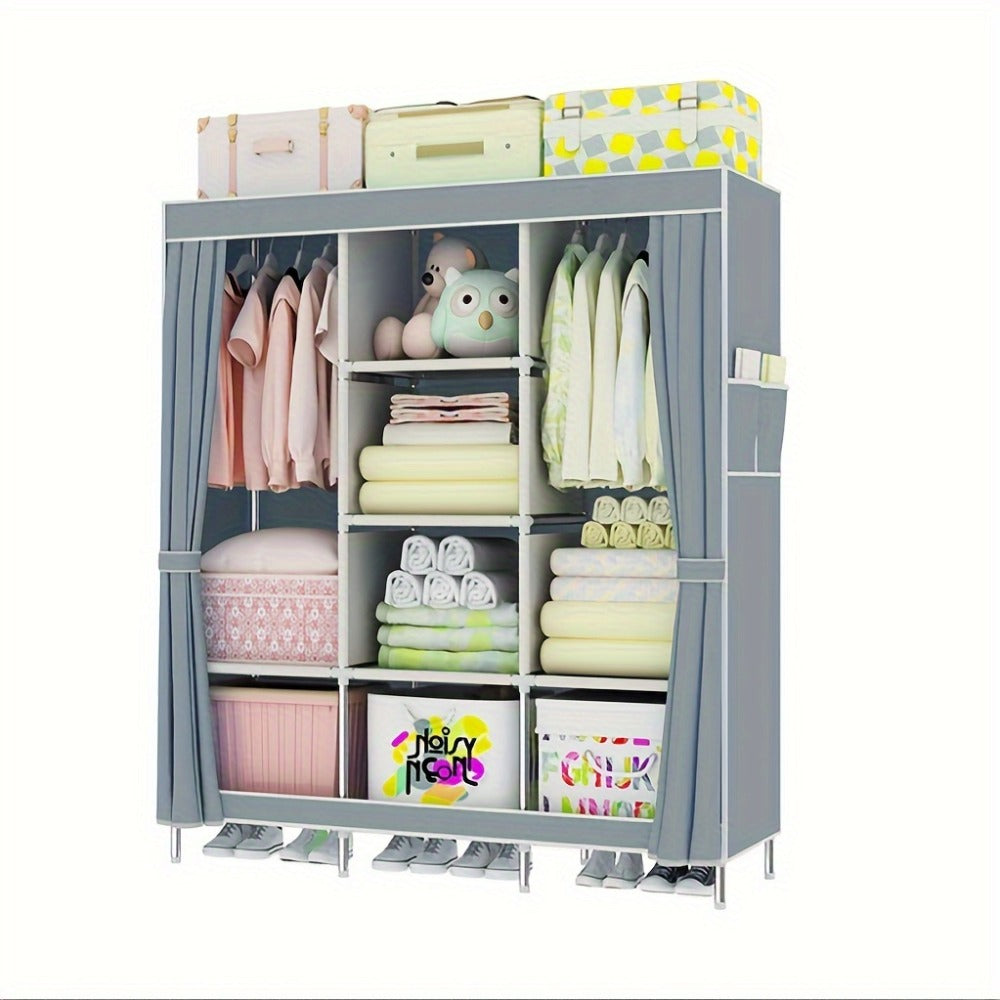 Portable Wardrobe Closet with Steel Frame & Non-Woven Shelves, Dustproof Clothes Storage Organizer