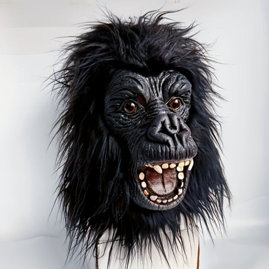 Black Gorilla Full-Head Costume Mask in Open-Eye or Eyeless Styles with Shaggy Fur and Open Mouth