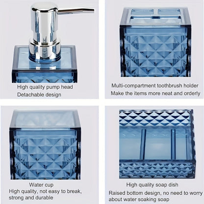 Bathroom Accessories Set 4-Piece Diamond Grid Plastic Organizer Soap Dispenser Toothbrush Holder Grey Blue Green