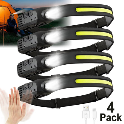 Four-Pack Rechargeable COB Strip Headlamps with 230° Wide-Light Label, Side Spotlight and Motion Sensor