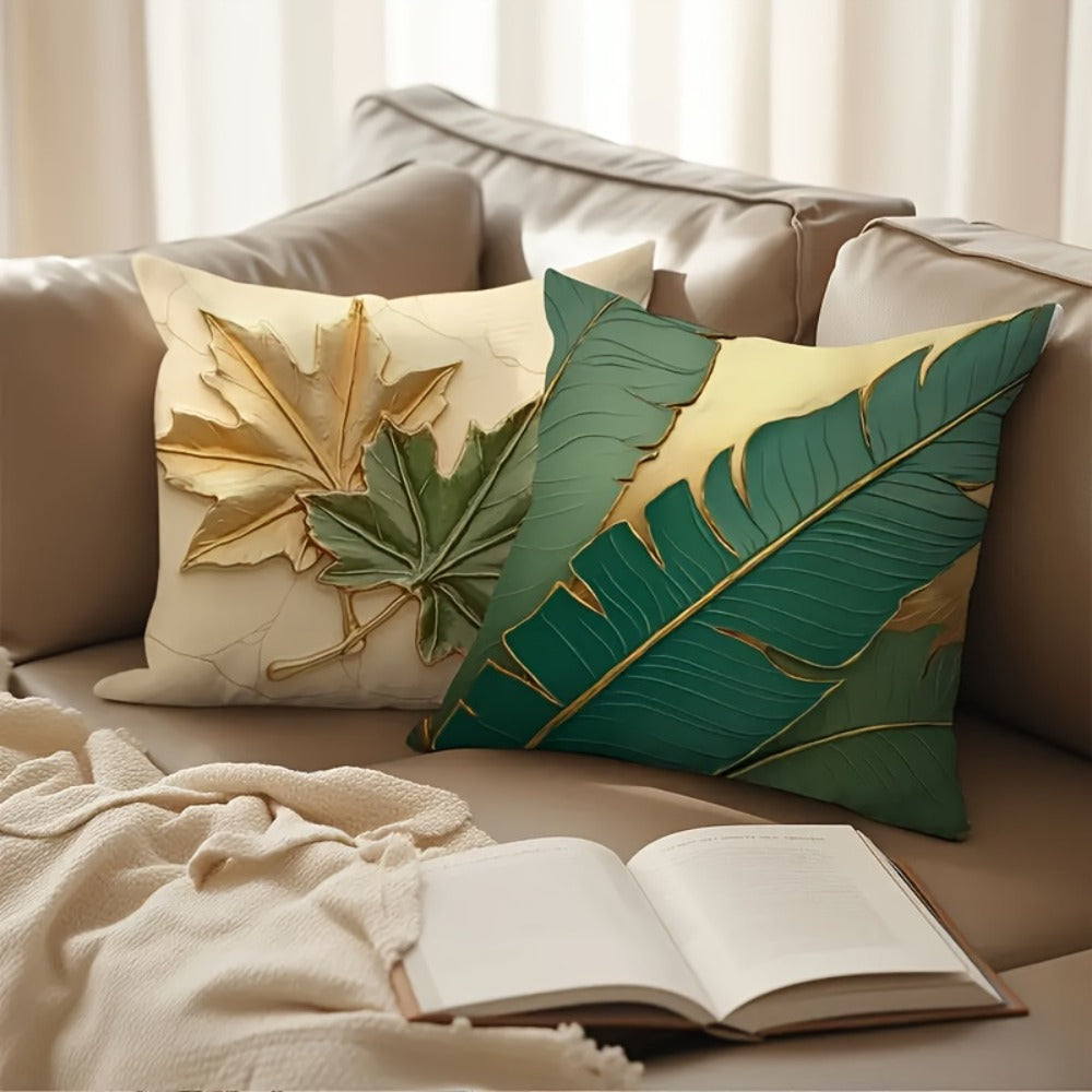 Green and Gold Leaf Throw Pillow Covers, Four-Piece 18 x 18-Inch Polyester Set with Zipper Openings
