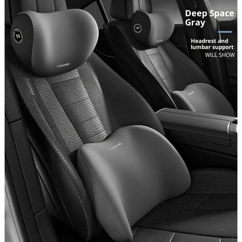 Car Headrest and Lumbar Cushion Set with Sponge Fill, Attachment Straps and Six Color Options for One Seat