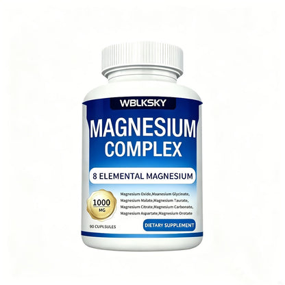 Dietary Supplement Magnesium 8-in-1 Complex with Eight Listed Forms, 1000mg per Capsule, Two Bottles