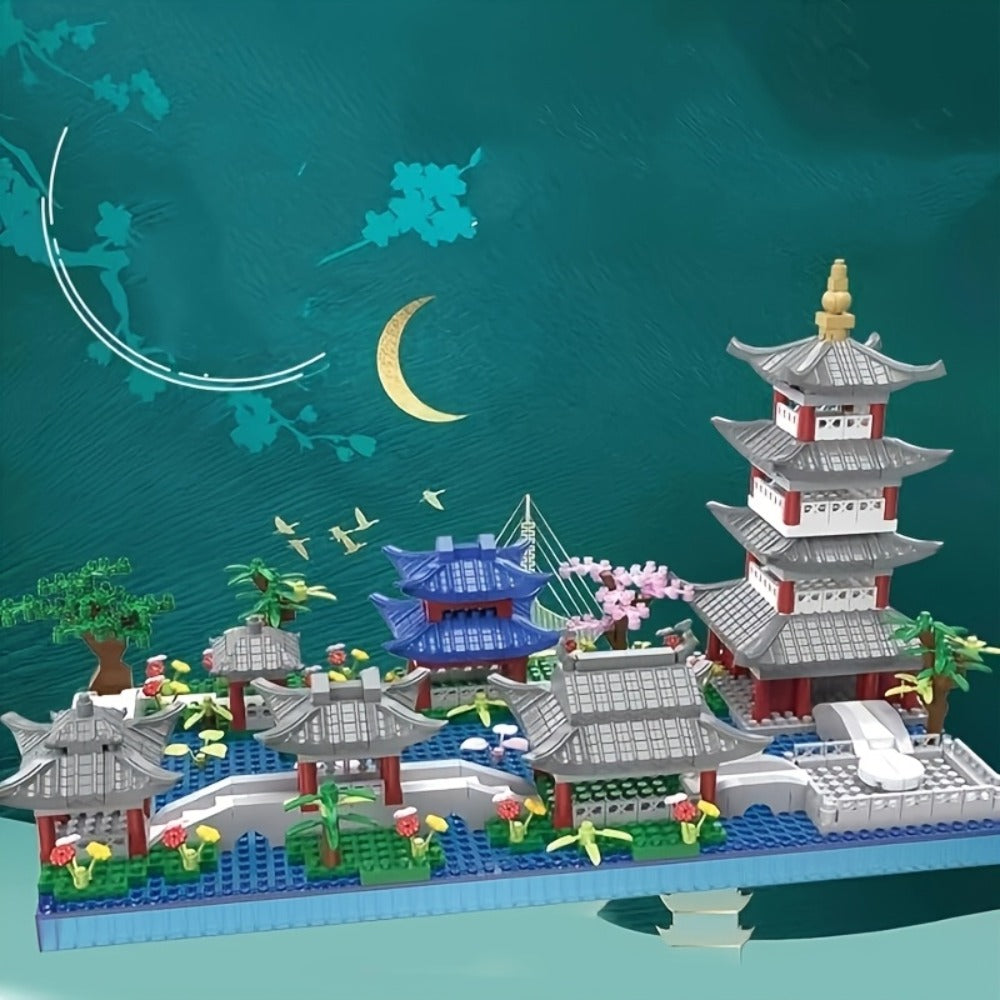 Hangzhou West Lake Building Blocks Set 3282 Pcs – Miniature Chinese Architecture Model Pagoda Cherry Blossom Collectible Landscape Display