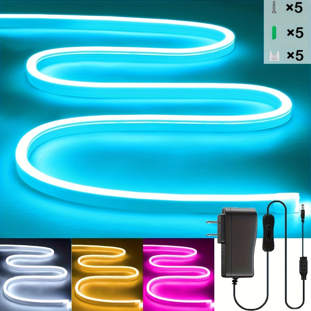 Neon LED Strip Lights 10m 32.8ft with Power Adapter, 24V Flexible Neon Light Strip in White, White
