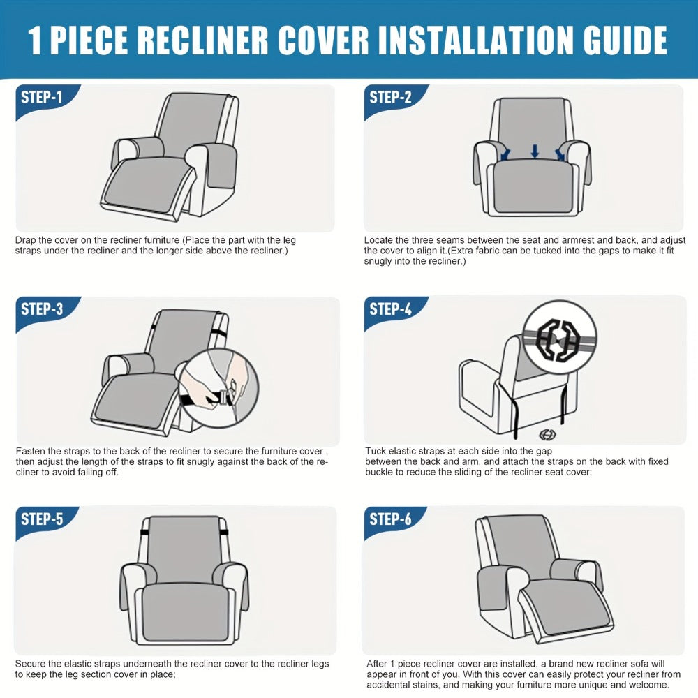 One-Piece Quilted Recliner Chair Cover with Wide Arm Wings, Back Strap and Eight Color Options