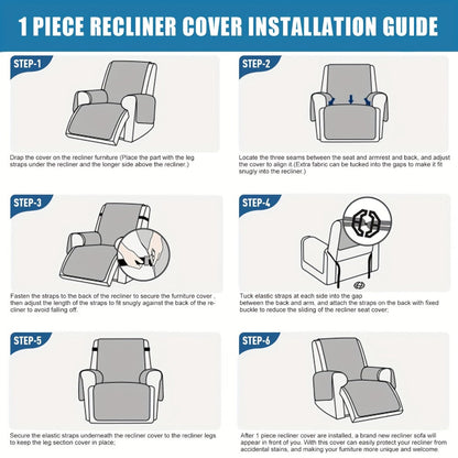 One-Piece Quilted Recliner Chair Cover with Wide Arm Wings, Back Strap and Eight Color Options