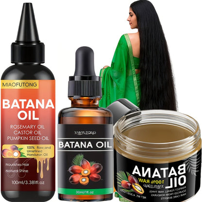 Three-Piece Batana Hair Care Kit with 3.38 oz Pointed Oil Bottle, Dropper and Cream Formats