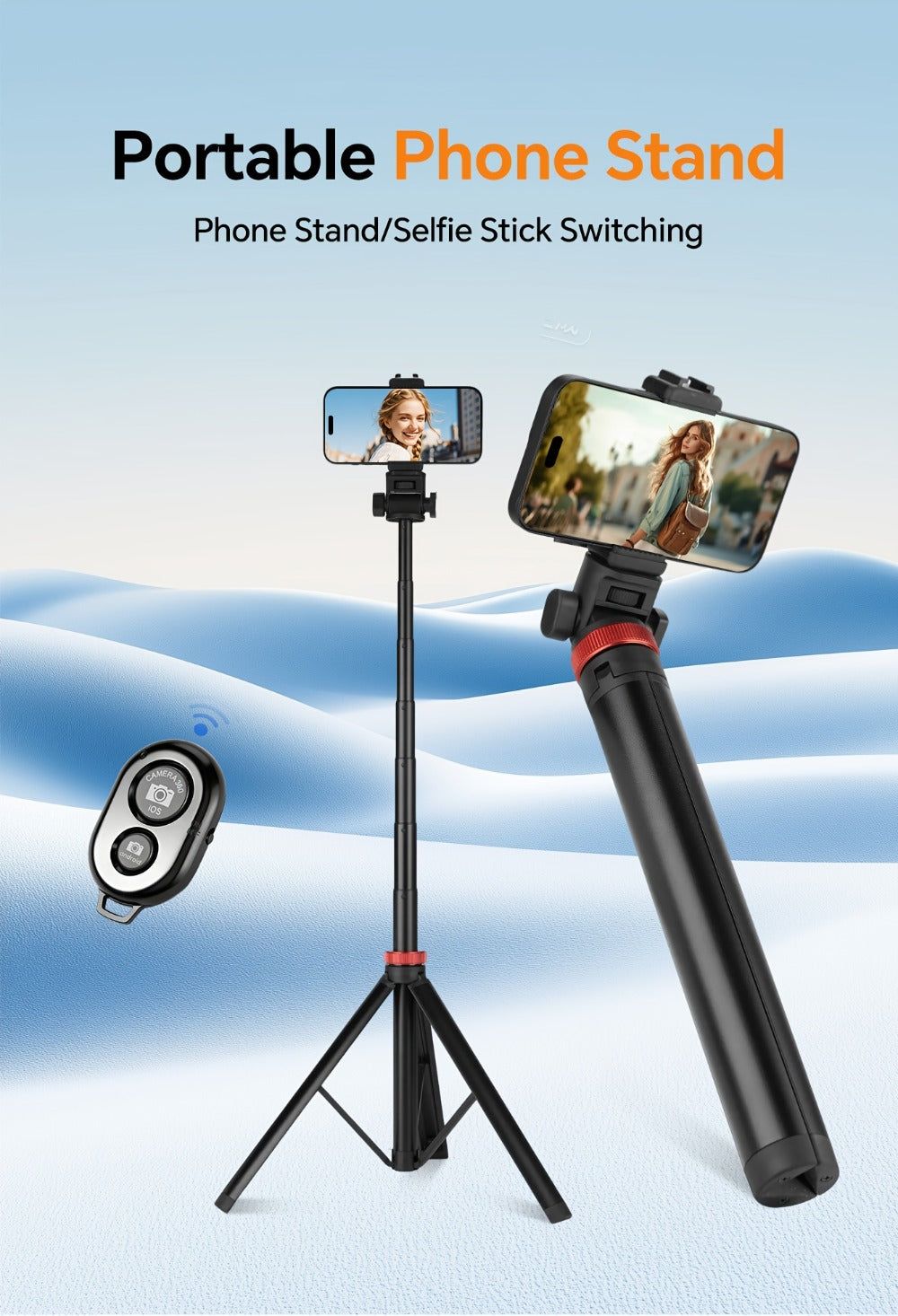 83 Inch Tall Phone Tripod Adjustable with Wireless Remote & Stable Base, Upgraded Extra-Tall Retractable Stand for iPhone 17/15/14