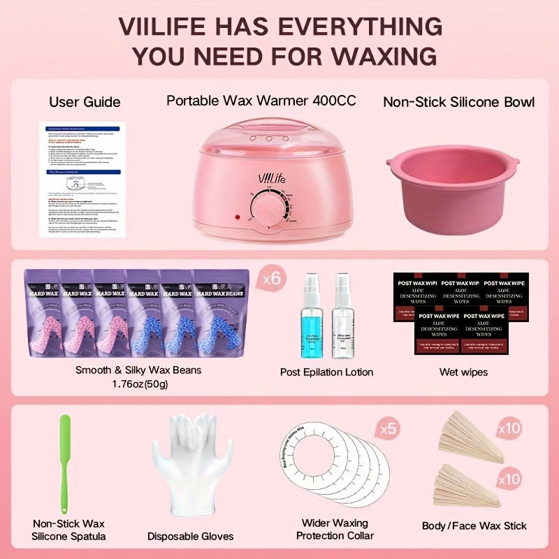 Hard Wax Warmer Kit 43 Piece Complete Home Waxing Set with Pink Hard Wax Beads – No Strip Hair Removal for Face Eyebrow Body Brazilian
