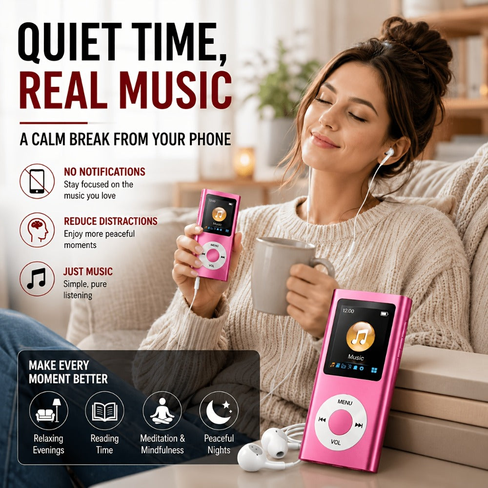 Aluminum-Alloy MP3 Player with 64GB Card Support, 1.8-Inch LCD, Earphones and Charging Cable in Red or Black