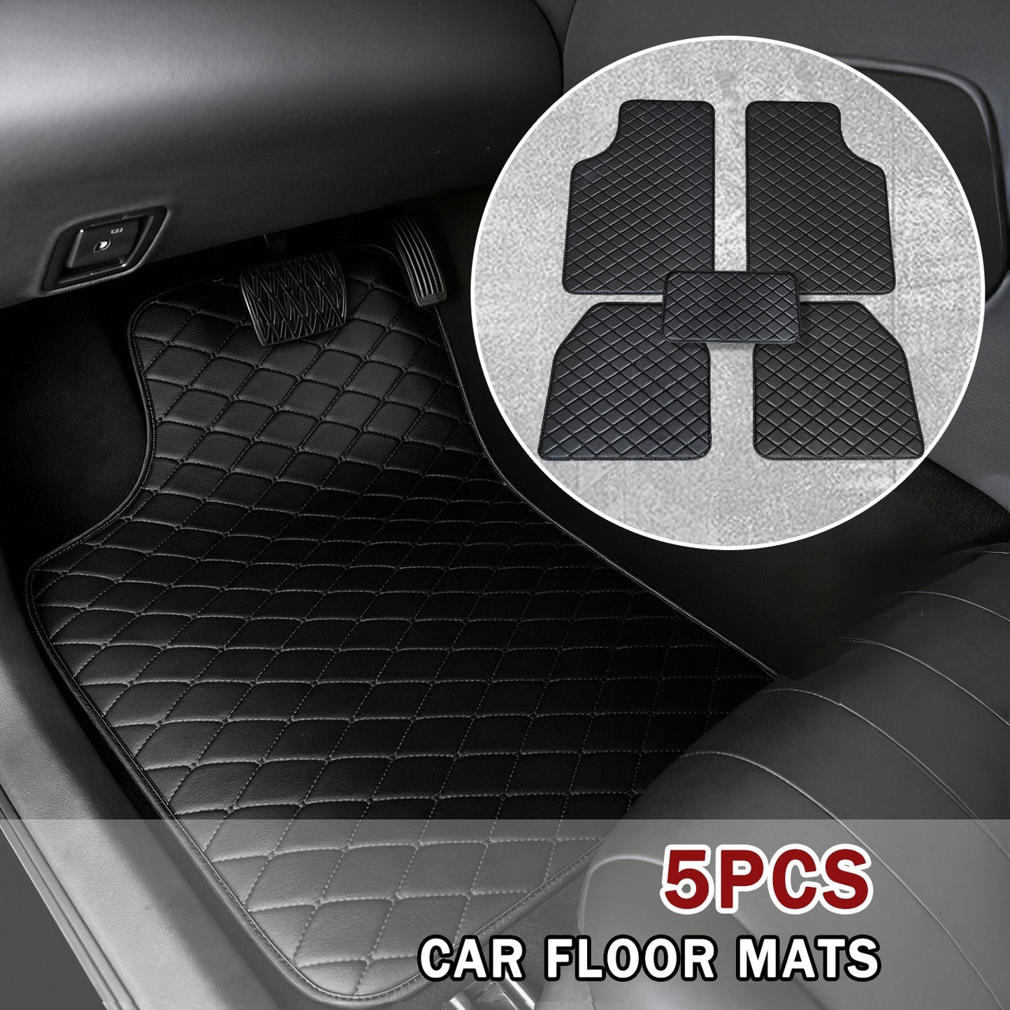 Quilted PU Car Floor Mats, Five-Piece Front and Rear Set in Red, Beige or Brown Color Options