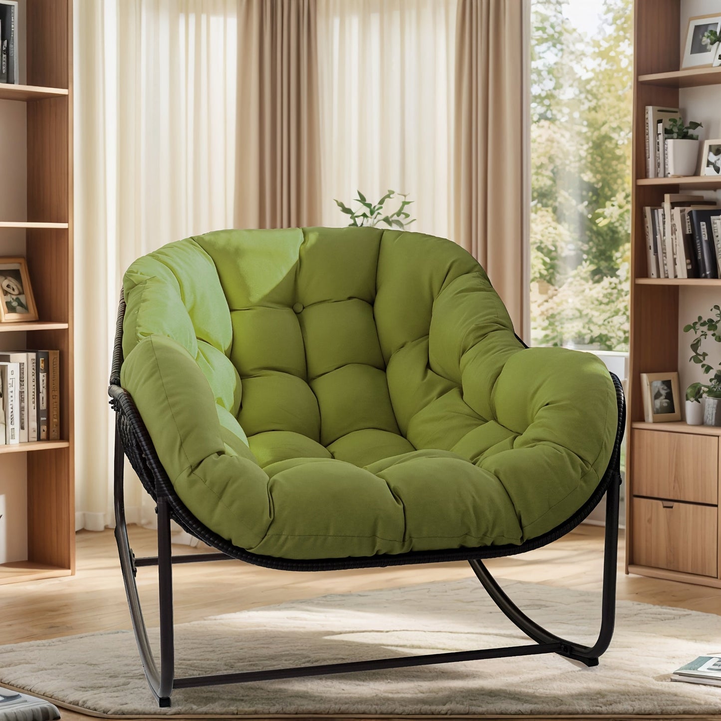 Papasan Rocking Chair Outdoor Wicker Egg Chair with Cushion & Pillow, Large Patio Rocker for Garden