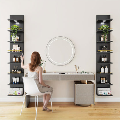 Floating Wall Shelves with LED Light - 6 & 8 Tier Wall Mounted Display Shelf Unit with Anti-Slip Rails for Bedroom