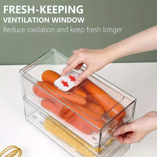 Stackable Fridge Organizer Bins with Drain Board 2 Pack, Refrigerator Drawer Organizer for Produce Fruit Vegetable