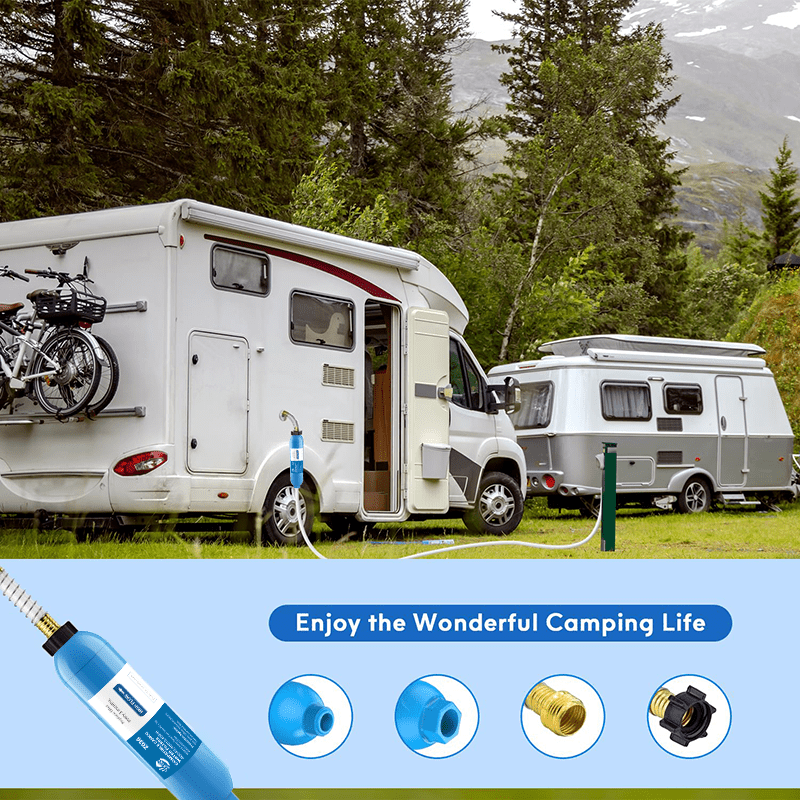 RV Water Filter with Flexible Hose Protector – Inline Hose Filter, Reduces Chlorine, Odors & Sediment, BPA-Free, for RV, Camper, Boat