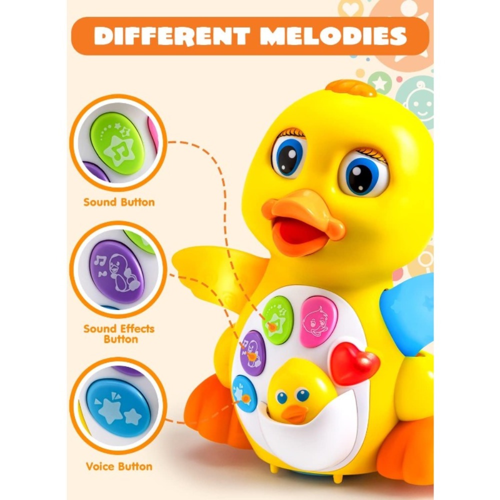 Musical Walking Duck Toy with Five Front Buttons, Flashing Wings and Rotating Wheel Base Pictured