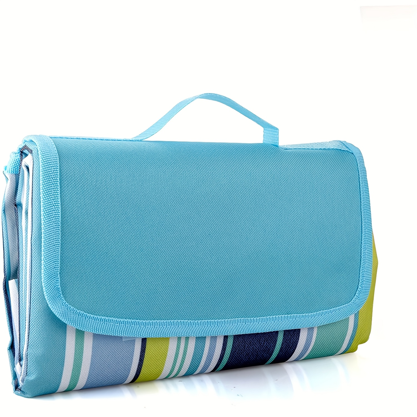 80 x 60-Inch Picnic Blanket in Blue and Green Striped 600D Oxford Fabric with Folding Carry Handle
