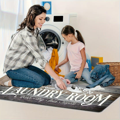 Non-Slip Laundry Room Mat Wood Grain Design – Heavy Duty Washable Rubber Backing Carpet | Rustic Dark Brown & Gray Kitchen Bathroom Rug |