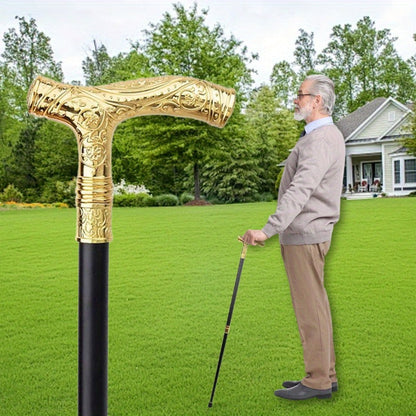 Walking Cane with Bear Head Handle Decorative Gentleman Stick Carved Flower Knob Cane Fashion Mobility Aid Staff 35.4 Inch Golden