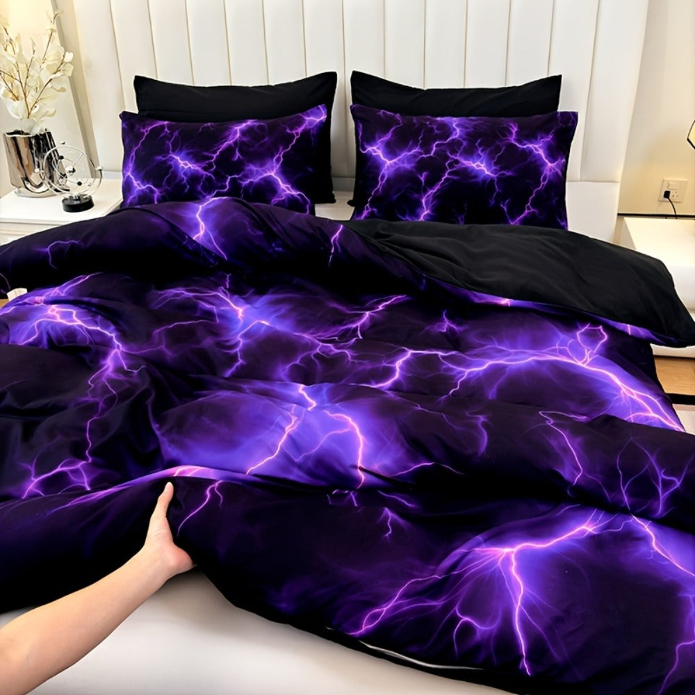 Duvet Cover Set 3 Piece Purple Lightning Digital Print – 100% Polyester Bedding Set with 2 Pillowcases, Twin Full Queen King