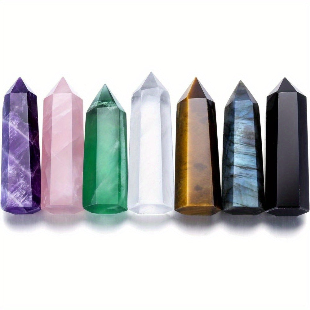 Seven-Piece 2.2-Inch Hexagonal Crystal Tower Set with Seven Assorted Colors for Shelf and Desk Display