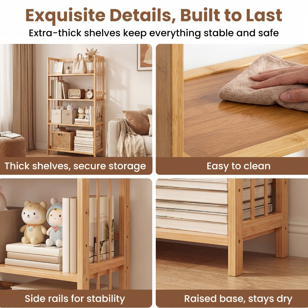 Bamboo Bookshelf Narrow 4 Tier Adjustable Shelves Wooden Bookcase Storage Shelf Organizer for Entryways, Bedrooms and Living Spaces