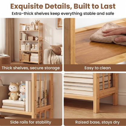 Bamboo Bookshelf Narrow 4 Tier Adjustable Shelves Wooden Bookcase Storage Shelf Organizer for Entryways, Bedrooms and Living Spaces