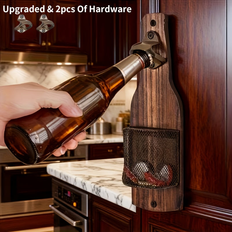 Wooden Bottle Opener Wall Mounted with Metal Cap Catcher – Handcrafted Rustic Beer Opener, Freestanding or Wall Mount, Holiday Gift for Men