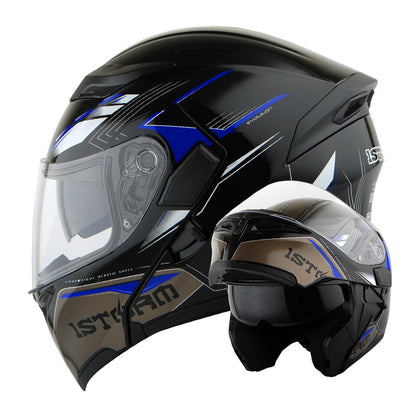 Motorcycle Helmet Modular Flip-Up Full-Face Shell with Dual Visors, S-XL Sizes and Arrow, Storm or Glossy Styles