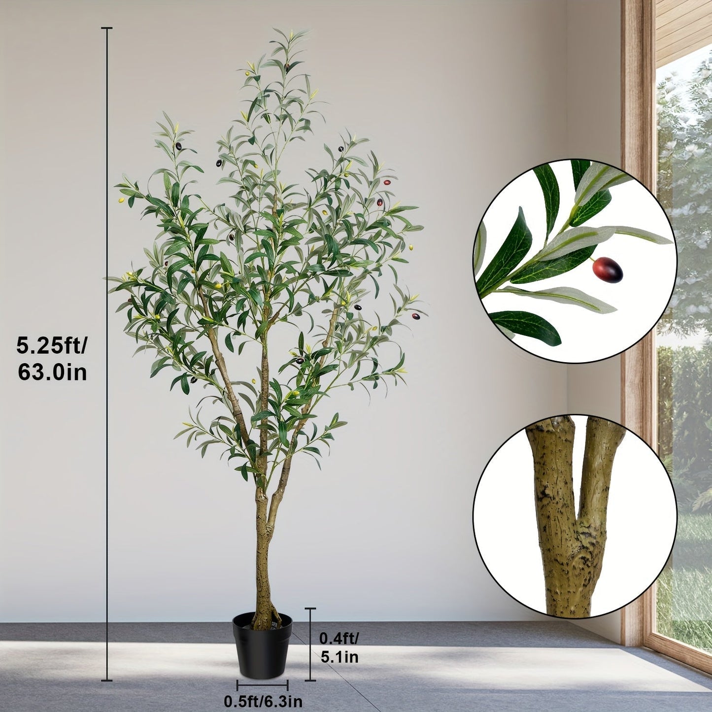 Multi-Branched Artificial Olive Tree with 5.25, 6 or 7 ft Height Options, Decorative Fruit and Black Nursery Pot