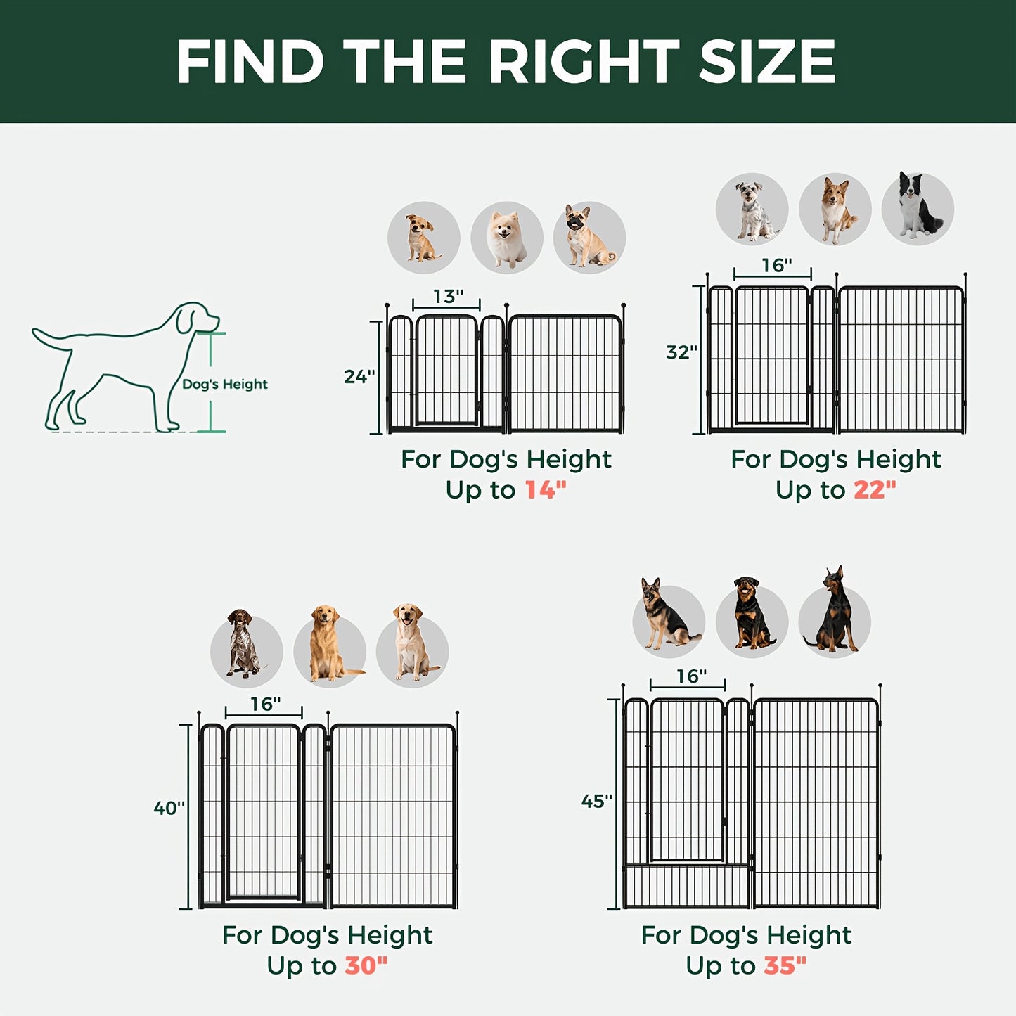 Dog Playpen with Gate – Heavy Duty Metal Pet Exercise Pen for Large Medium Small Dogs, 8/16/24/32/48 Panels, 24/32/40/45/50 Inch Height
