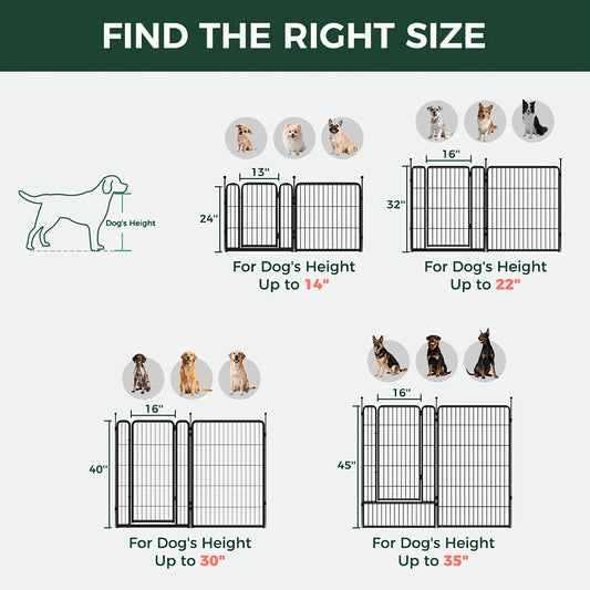 Dog Playpen with Gate – Heavy Duty Metal Pet Exercise Pen for Large Medium Small Dogs, 8/16/24/32/48 Panels, 24/32/40/45/50 Inch Height