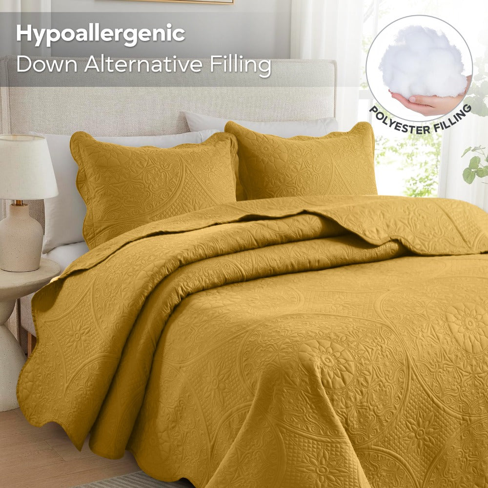 Floral-Pattern Three-Piece Bedspread Set in 16 Colors with Twin, Queen, King and California King Sizes