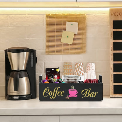 Wooden Coffee Bar Organizer with Farmhouse Sign and Rectangular Tray for Pods, Sugar, Creamer and Countertop Accessories