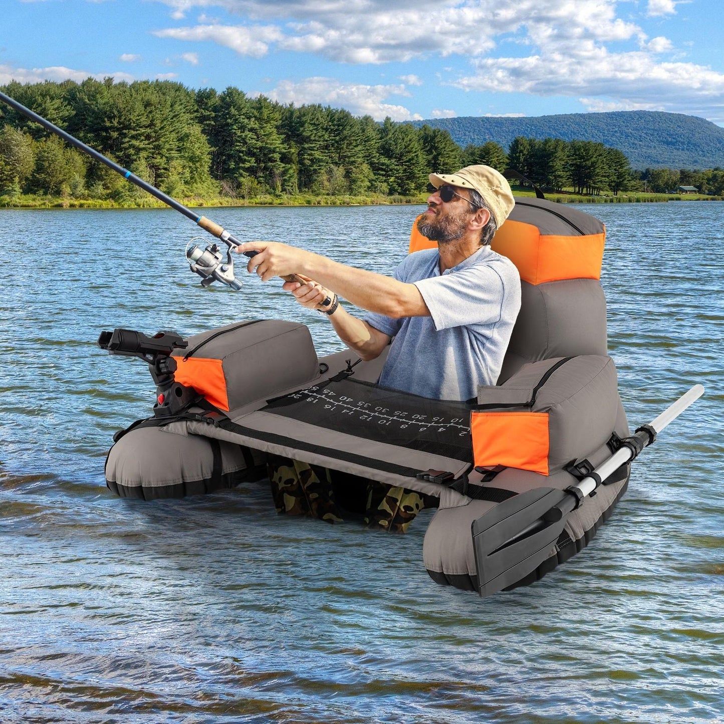 Inflatable Fishing Float Tube 350 LBS – Portable Belly Boat with Aluminum Paddle, Fish Ruler & Rod Holder | 600D PVC Backpack Float Tube