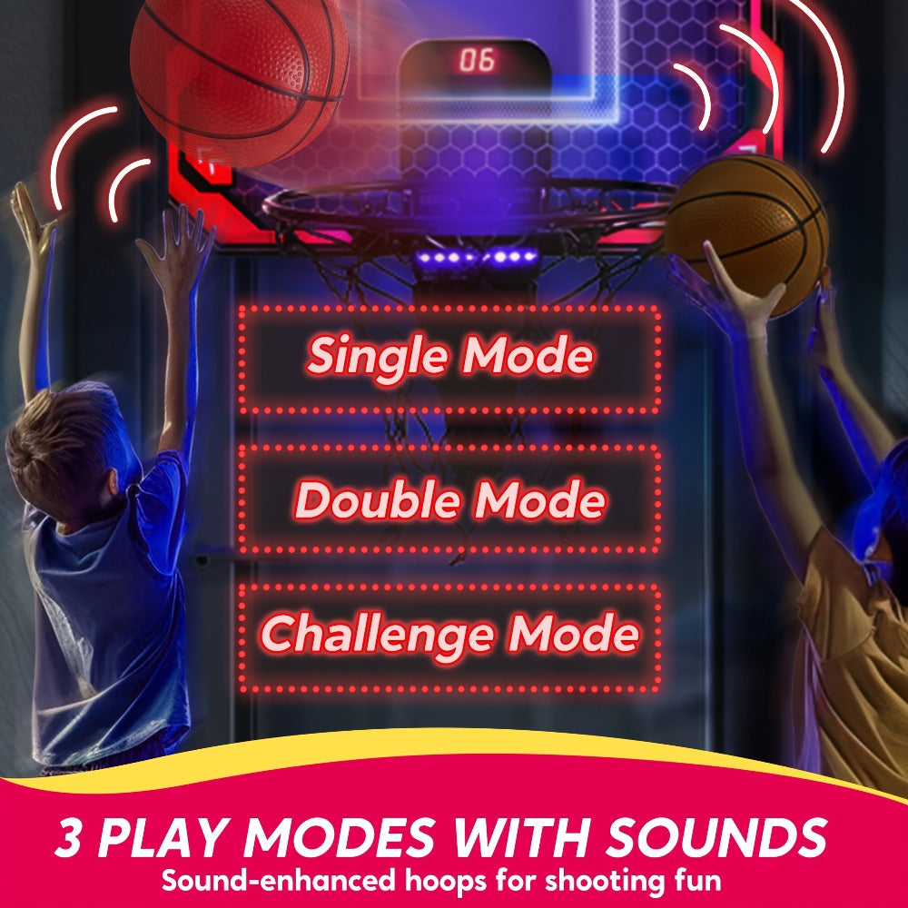 Indoor Basketball Hoop for Kids Over the Door, Light Up LED Scoreboard 4 Balls Air Pump 3 Game Modes 7 Light Shows