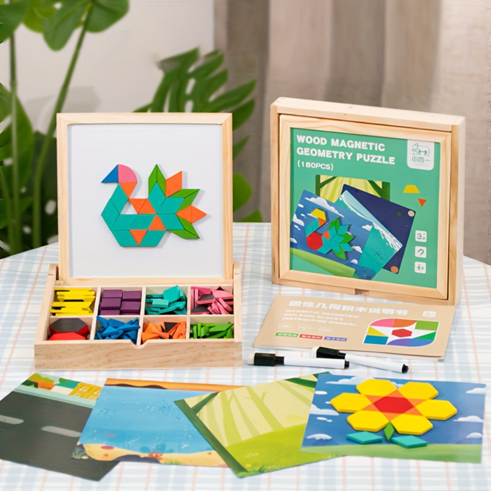 Magnetic Wooden Puzzle Board for Kids, 128/180/220/280 PCS Geometric Shape Recognition & Logical Thinking Toy