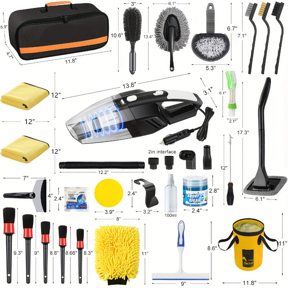 Car Cleaning Kit in 19 or 41-Piece Options with Brushes, Towels, Bucket and Selected Vacuum Tools
