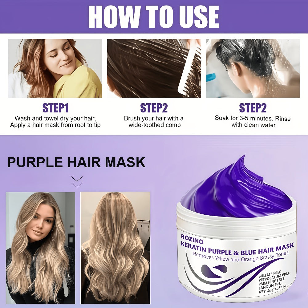 Purple Hair Mask Toner 2-Pack 3.53oz Removes Brassiness Yellow Tones Moisture, Violet Keratin Rosemary
